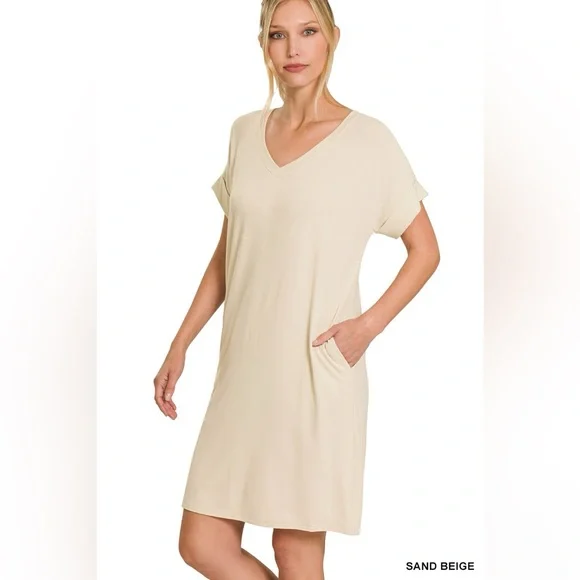 Zenana Sand Beige Short Cuffed Sleeves and Functional Pockets Tee Shirt Dress - Picture 1 of 5